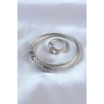 Çelik Gümüş Renk Burgu Model Erkek Bileklik Yüzük Seti