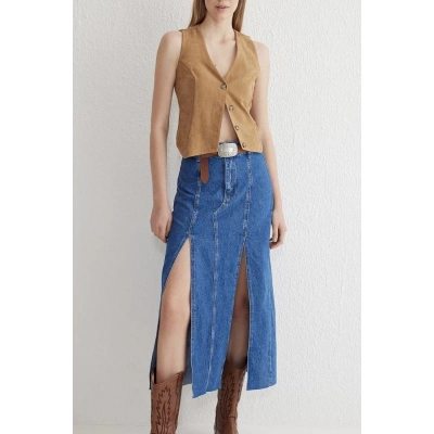 Çift yırtmaçlı jean etek s140