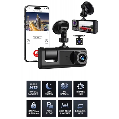 ÇOK SATAN 1080p Wifi Full Hd Araç Içi Kamera Arka Ön Iç Kayıt 3 Kamera Gece Görüşlü Gsensör Geniş Açı