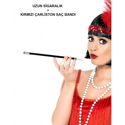ÇOK SATAN 1920'ler 1990'lar Gatsby Kadın Aksesuar Seti – Kırmızı Charleston Saç Bandı ve Sigaralık