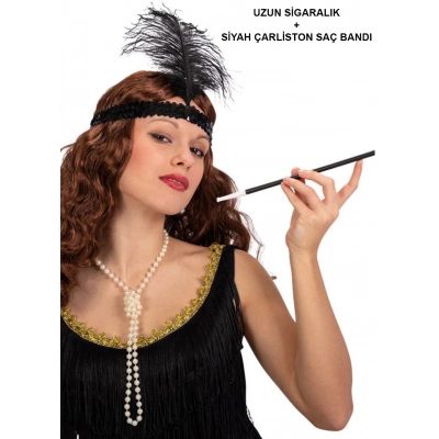 ÇOK SATAN 1920'ler Gatsby Aksesuar Seti – Siyah Charleston Saç Bandı & Sigaralık