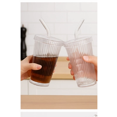 ÇOK SATAN 2 Adet Latte Kapaklı Pipetli Kristal Desen Fenomen Bardak Soğuk Kahve, Smoothie, İçecek Bardağı