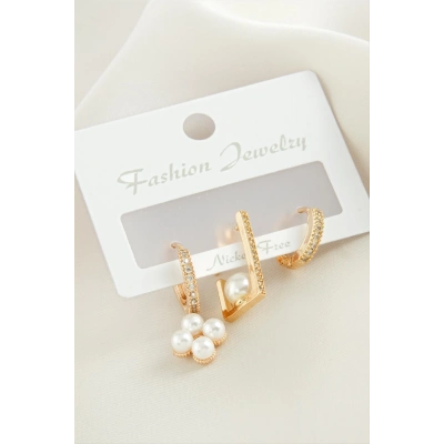 ÇOK SATAN 3 Adet Çiçek İnci Zirkon Taşlı Küpe