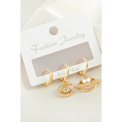 ÇOK SATAN 3 Adet Hilal Yıldız Zirkon Taşlı Küpe