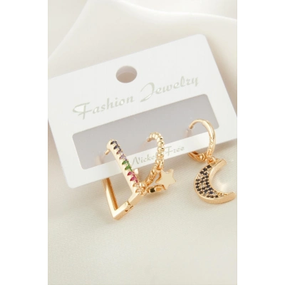 ÇOK SATAN 3 Adet Hilal Zirkon Taşlı Küpe