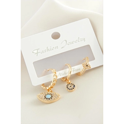 ÇOK SATAN 3 Adet Oval Nazar Zirkon Taşlı Küpe