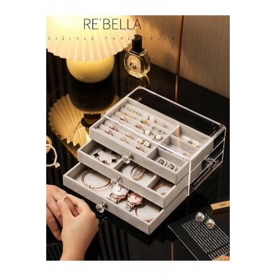 ÇOK SATAN 3 Çekmeceli Bölmeli Şeffaf Takı Kutusu | Mücevher Saklama Kutusu | Gri Renk Seçeneği 13x23x10