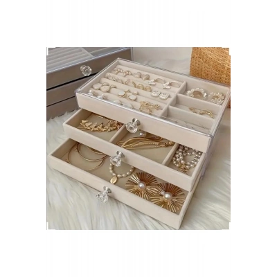 ÇOK SATAN 3 Çekmeceli Bölmeli Şeffaf Takı Kutusu | Mücevher Saklama Kutusu Krem Renk Seçeneği