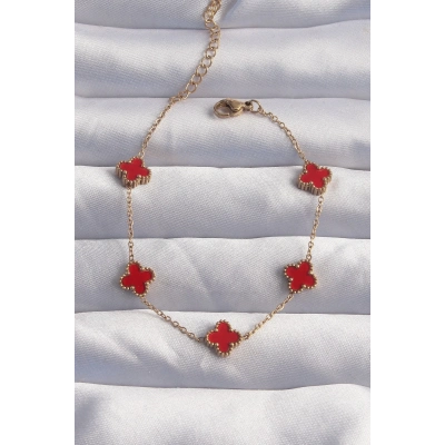 ÇOK SATAN 316L Çelik Baby Boy Gold Renk Kırmızı Mineli Yonca Bileklik