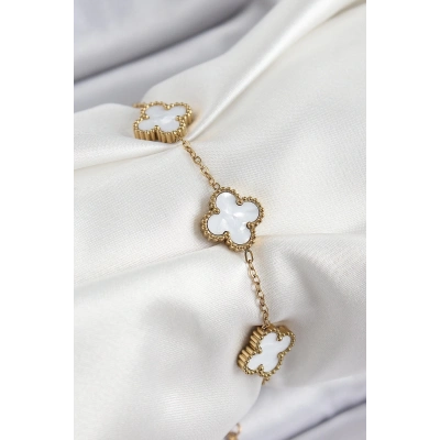 ÇOK SATAN 316L Çelik Beyaz Sedef Yonca Model Gold Renk Kadın Bileklik