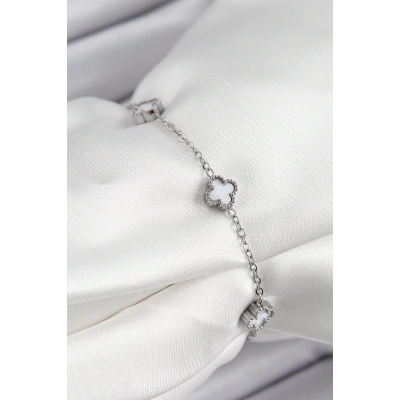 ÇOK SATAN 316L Çelik Beyaz Sedef Yonca Model Gümüş Renk Kadın Bileklik