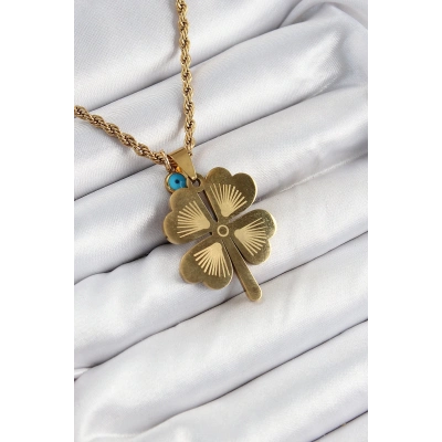 ÇOK SATAN 316L Çelik Burgu Zincirli Nazar Detaylı Yonca Model Gold Renk Kadın Kolye