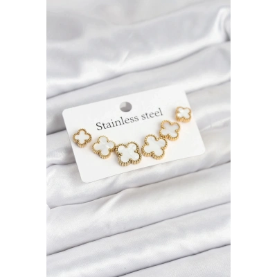 ÇOK SATAN 316L Çelik Gold Beyaz Renk 3 Boy Yonca Küpe Seti