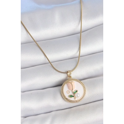 ÇOK SATAN 316L Çelik Gold Renk Beyaz Mineli İncili Çiçek İşlemeli Portre Model Kadın Kolye