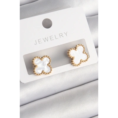 316L Çelik Gold Renk Beyaz Minelik Yonca Model Kadın Küpe