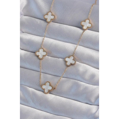 ÇOK SATAN 316L Çelik Gold Renk Beyaz Sedefli Yonca Kolye