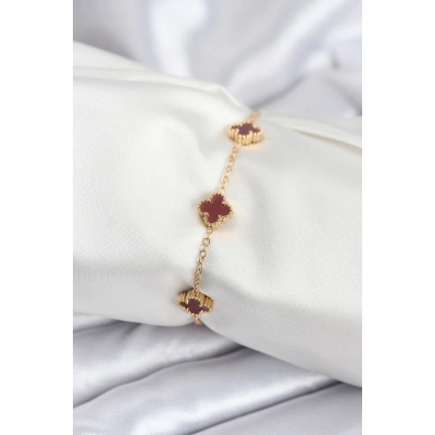 ÇOK SATAN 316L Çelik Gold Renk Bordo Baby Boy Yonca Kadın Bileklik