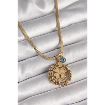ÇOK SATAN 316L Çelik Gold Renk İtalyan Zincir Dorika Yonca Model Nazar Boncuk Detay Kadın Kolye