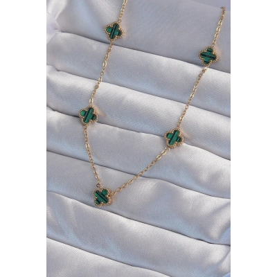 ÇOK SATAN 316L Çelik Gold Renk Minimal Yeşil Mineli Yonca Kolye