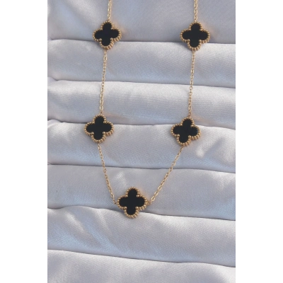 ÇOK SATAN 316L Çelik Gold Renk Siyah Mineli Yonca Kolye