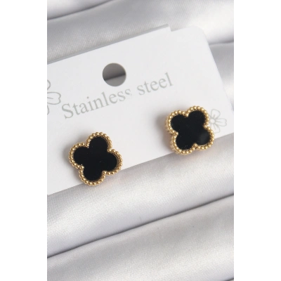 316L Çelik Gold Renk Siyah Yonca Model Kadın Küpe