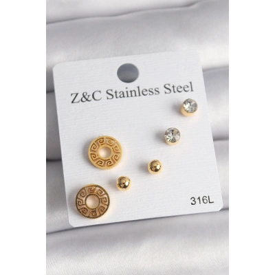 ÇOK SATAN 316L Çelik Gold Renk Zirkon Taşı Labirent Model Kadın Küpe Seti