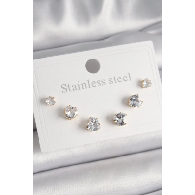 316L Çelik Gold Renk Zirkon Taşlı Kalp Model Kadın Küpe Seti