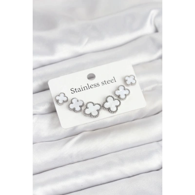 ÇOK SATAN 316L Çelik Gümüş Beyaz Renk 3 Boy Yonca Küpe Seti