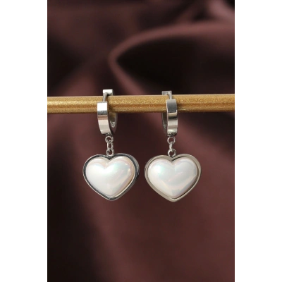 316L Çelik Gümüş Renk Beyaz Bombeli Kalp Küpe