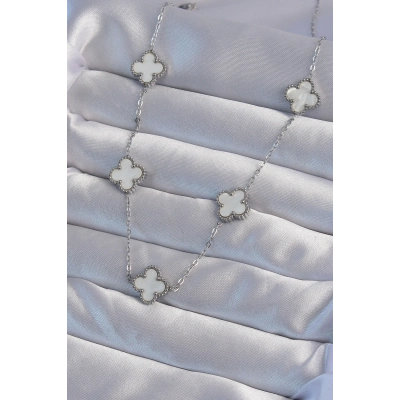 ÇOK SATAN 316L Çelik Gümüş Renk Beyaz Sedefli Yonca Kolye