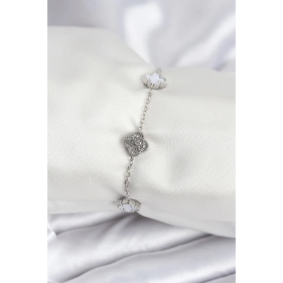 ÇOK SATAN 316L Çelik Gümüş Renk Beyaz ve Zirkon Taşlı Baby Boy Yonca Kadın Bileklik