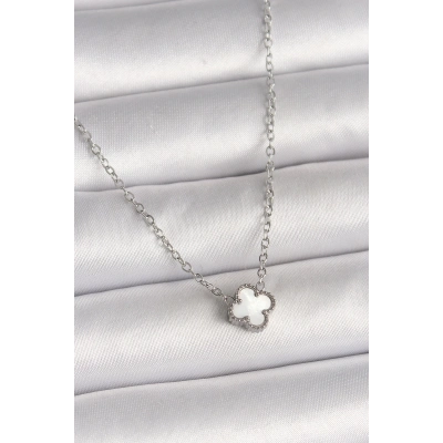 ÇOK SATAN 316L Çelik Gümüş Renk Beyaz Yonca Model Kadın Kolye