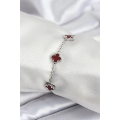 ÇOK SATAN 316L Çelik Gümüş Renk Bordo Baby Boy Yonca Kadın Bileklik