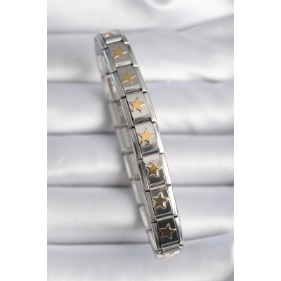 ÇOK SATAN 316L Çelik Gümüş Renk Gold Yıldız İşleme Nomination Charm Bileklik