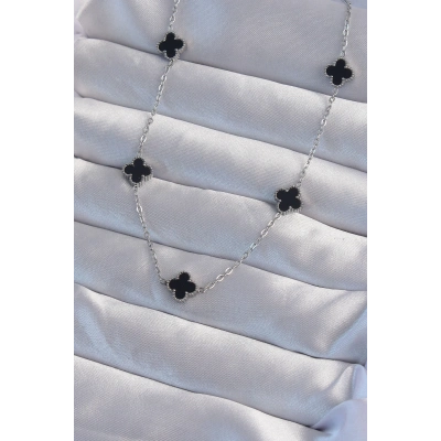 ÇOK SATAN 316L Çelik Gümüş Renk Minimal Siyah Mineli Yonca Kolye