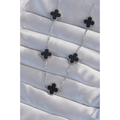 ÇOK SATAN 316L Çelik Gümüş Renk Siyah Mineli Yonca Kolye