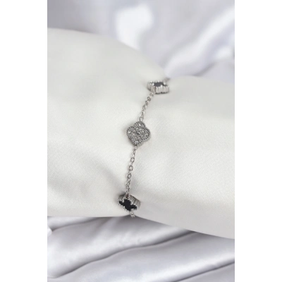 316L Çelik Gümüş Renk Siyah ve Zirkon Taşlı Baby Boy Yonca Kadın Bileklik
