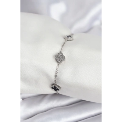 ÇOK SATAN 316L Çelik Gümüş Renk Siyah ve Zirkon Taşlı Baby Boy Yonca Kadın Bileklik