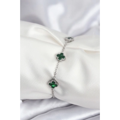 ÇOK SATAN 316L Çelik Gümüş Renk Yeşil Baby Boy Yonca Kadın Bileklik