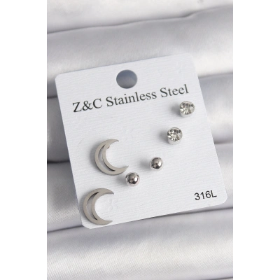 ÇOK SATAN 316L Çelik Gümüş Renk Zirkon Taşlı Hilal Model Kadın Küpe Seti