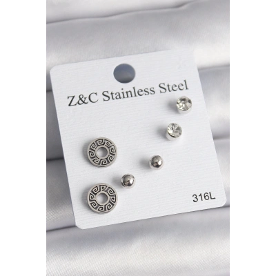 ÇOK SATAN 316L Çelik Gümüş Renk Zirkon Taşlı Labirent Model Kadın Küpe Seti