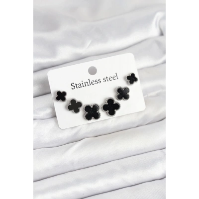 ÇOK SATAN 316L Çelik Gümüş Siyah Renk 3 Boy Yonca Küpe Seti