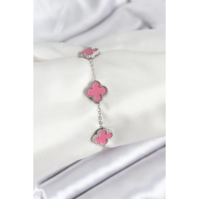 ÇOK SATAN 316L Çelik Gümüş Zincir Pembe Renk Yonca Bileklik