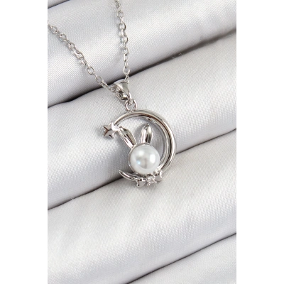ÇOK SATAN 316L Çelik İnci Detaylı Hilal Tavşan Model Gümüş Renk Kadın Kolye