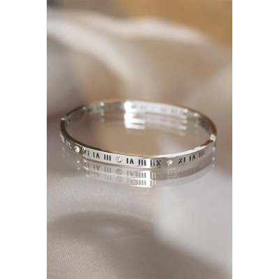 316L Çelik Roma Rakamlı Silver Renk Bilezik Kelepçe