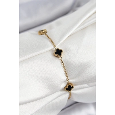 ÇOK SATAN 316L Çelik Siyah Sedef Yonca Model Gold Renk Kadın Bileklik