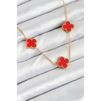 ÇOK SATAN 316L Çelik Zincir Gold Kırmızı Renk Yonca Kadın Kolye