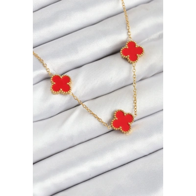 316L Çelik Zincir Gold Kırmızı Renk Yonca Kadın Kolye