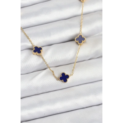 316L Çelik Zincir Gold Renk Lacivert Baby Boy Yonca Kadın Kolye