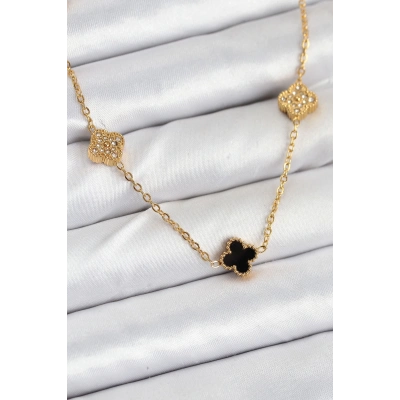 ÇOK SATAN 316L Çelik Zincir Gold Renk Siyah ve Zirkon Taşlı Baby Boy Yonca Kadın Kolye